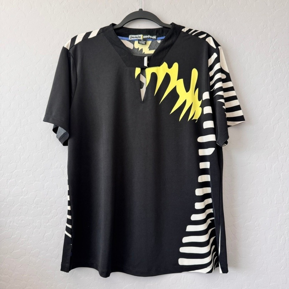 Jamie Sadock XL Top Black Short Sleeve Graphic Print Snap Neck Golf 01114